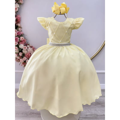 Vestido Longo Daminhas, Infantil Amarelo em Poliéster, Busto Nervura Daminhas Luxo