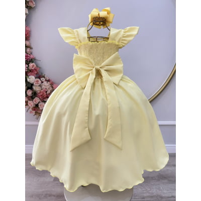 Vestido Longo Daminhas, Infantil Amarelo em Poliéster, Busto Nervura Daminhas Luxo