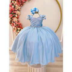Vestido Infantil Azul Claro C/ Busto Nervura C/ Pérolas Damas