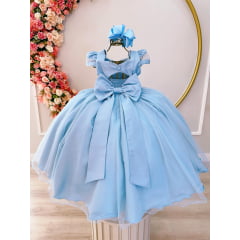 Vestido Infantil Azul Claro C/ Busto Nervura C/ Pérolas Damas