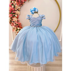 Vestido Infantil Longo Azul Claro C/ Busto Nervura Damas