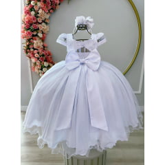 Vestido Infantil Branco C/ Busto Nervura Cinto Pérolas Damas