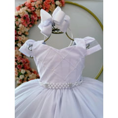 Vestido Infantil Branco C/ Busto Nervura Cinto Pérolas Damas