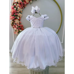 Vestido Infantil Branco C/ Busto Nervura Cinto Pérolas Damas