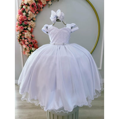Vestido Infantil Branco C/ Busto Nervura Cinto Pérolas Damas