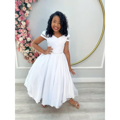 Vestido Infantil Branco C/ Busto Nervura Cinto Pérolas Damas