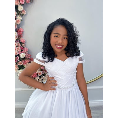 Vestido Infantil Branco C/ Busto Nervura Cinto Pérolas Damas