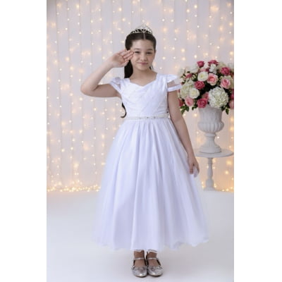 Vestido Infantil Branco C/ Busto Nervura Cinto Pérolas Damas