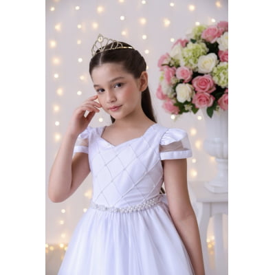 Vestido Infantil Branco C/ Busto Nervura Cinto Pérolas Damas
