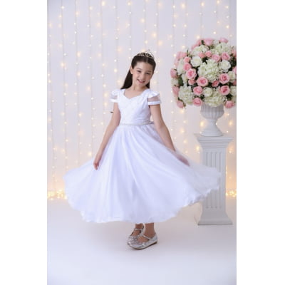 Vestido Infantil Branco C/ Busto Nervura Cinto Pérolas Damas