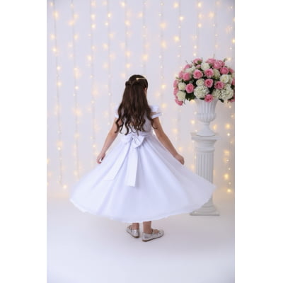Vestido Infantil Branco C/ Busto Nervura Cinto Pérolas Damas