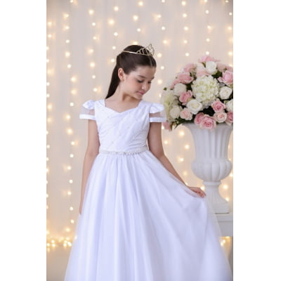 Vestido Infantil Branco C/ Busto Nervura Cinto Pérolas Damas