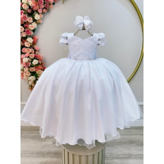 Vestido Infantil Branco C/ Busto Nervura Festas e Damas