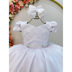 Vestido Infantil Branco C/ Busto Nervura Festas e Damas