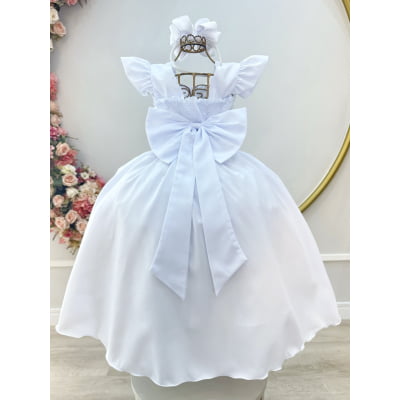 Vestido Infantil Branco Nervura com Pérolas Cinto Luxo