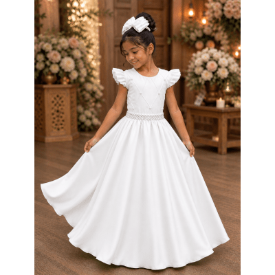 Vestido Infantil Branco Nervura com Pérolas Cinto Luxo