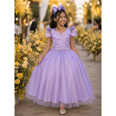 Vestido Infantil Longo Lilás Busto Nervura C/ Pérolas Damas