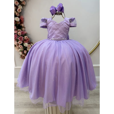 Vestido Infantil Longo Lilás Busto Nervura C/ Pérolas Damas
