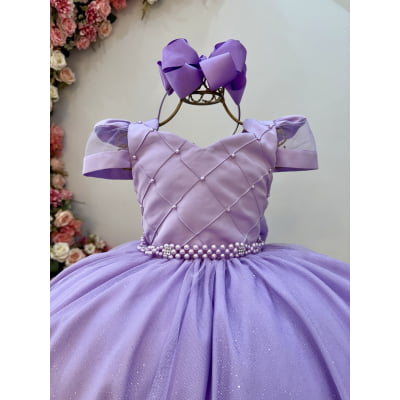 Vestido Infantil Longo Lilás Busto Nervura C/ Pérolas Damas