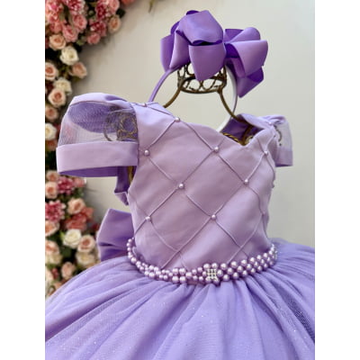Vestido Infantil Longo Lilás Busto Nervura C/ Pérolas Damas