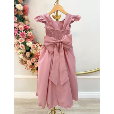 Vestido Infantil Longo Rose C/ Busto Nervura Daminhas Festas