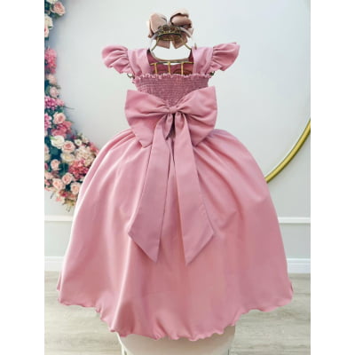 Vestido Infantil Longo Rose C/ Busto Nervura Daminhas Festas