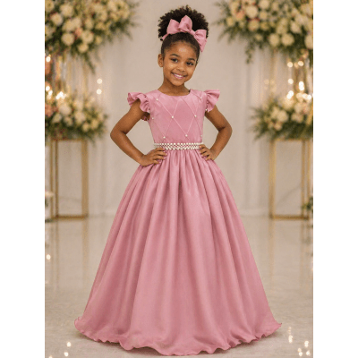 Vestido Infantil Longo Rose C/ Busto Nervura Daminhas Festas