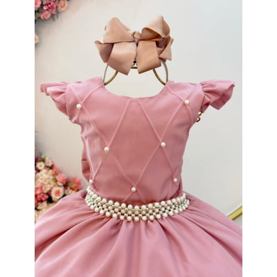 Vestido Infantil Longo Rose C/ Busto Nervura Daminhas Festas