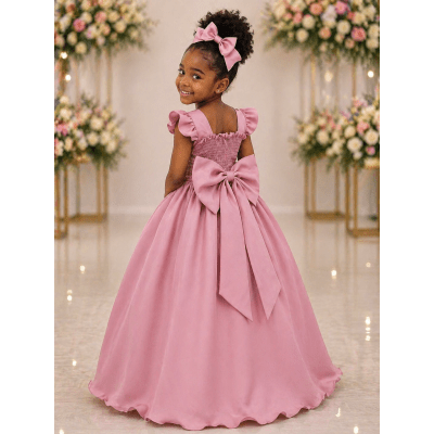 Vestido Infantil Longo Rose C/ Busto Nervura Daminhas Festas