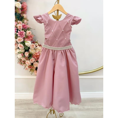 Vestido Infantil Longo Rose C/ Busto Nervura Daminhas Festas