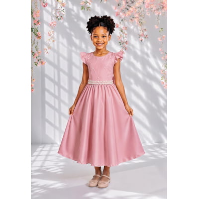 Vestido Longo Daminhas, Infantil Rose em Poliéster, C/ Busto Nervura Daminhas Festas Vestido Longo Daminhas, Infantil Rose em Poliéster, C/ Busto Nervura Daminhas Festas