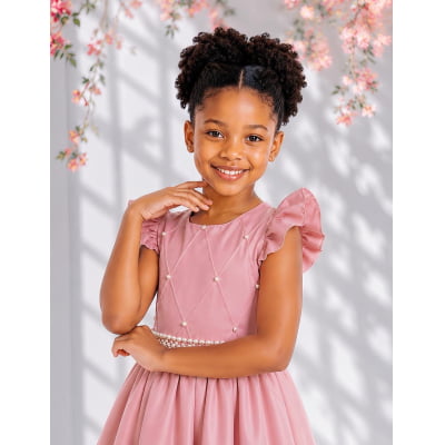 Vestido Longo Daminhas, Infantil Rose em Poliéster, C/ Busto Nervura Daminhas Festas