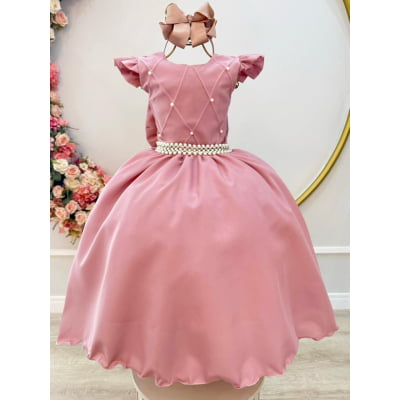 Vestido Longo Daminhas, Infantil Rose em Poliéster, C/ Busto Nervura Daminhas Festas