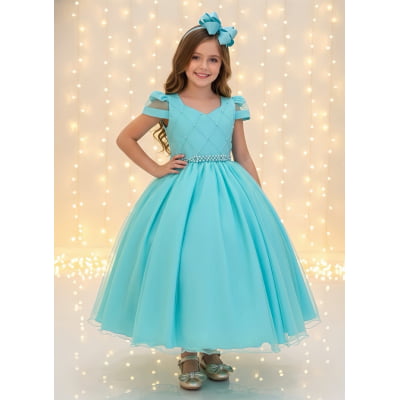 Vestido Infantil Longo Verde Busto Nervura C/ Pérolas Damas Vestido Infantil Longo Verde Busto Nervura C/ Pérolas Damas