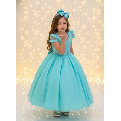 Vestido Infantil Longo Verde Busto Nervura C/ Pérolas Damas
