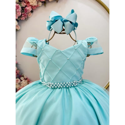 Vestido Infantil Longo Verde Busto Nervura C/ Pérolas Damas