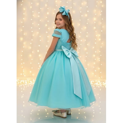 Vestido Infantil Longo Verde Busto Nervura C/ Pérolas Damas