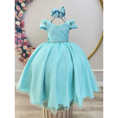 Vestido Infantil Longo Verde Busto Nervura C/ Pérolas Damas