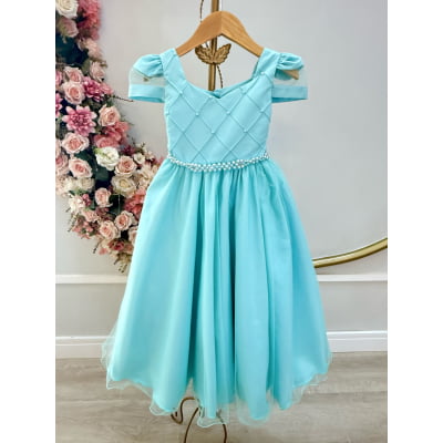 Vestido Infantil Longo Verde Busto Nervura C/ Pérolas Damas