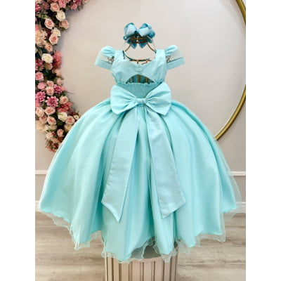 Vestido Infantil Longo Verde Busto Nervura C/ Pérolas Damas