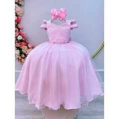 Vestido Infantil Rosa Claro Busto Nervura C/ Pérolas Damas