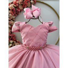 Vestido Infantil Rose C/ Busto Nervura Cinto Pérolas Damas