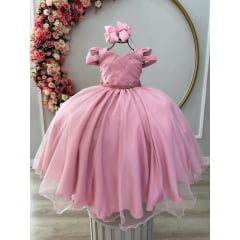 Vestido Infantil Rose C/ Busto Nervura Cinto Pérolas Damas