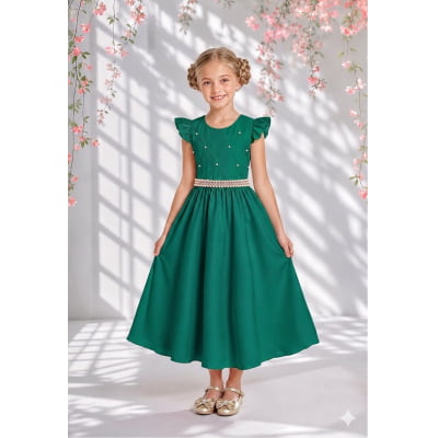 Vestido Infantil Longo Verde Esmeralda Busto Nervura Daminhas Luxo