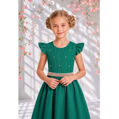 Vestido Infantil Longo Verde Esmeralda Busto Nervura Daminhas Luxo