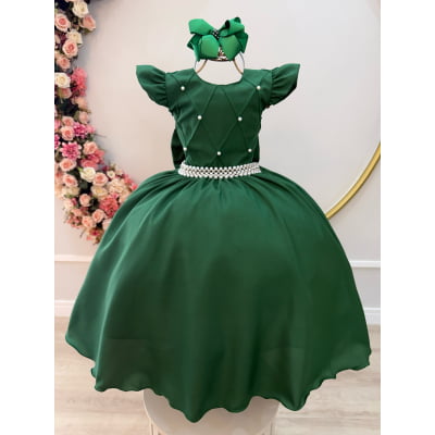 Vestido Infantil Longo Verde Esmeralda Busto Nervura Daminhas Luxo
