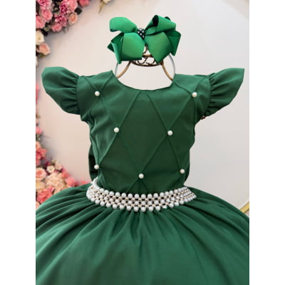Vestido Infantil Longo Verde Esmeralda Busto Nervura Daminhas Luxo