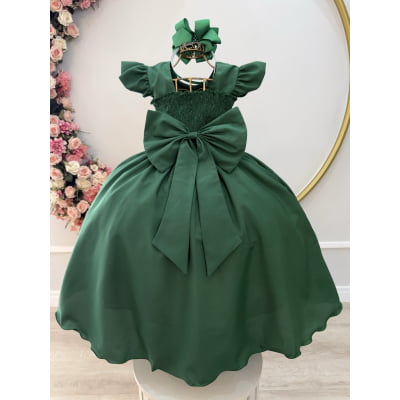 Vestido Infantil Longo Verde Esmeralda Busto Nervura Daminhas Luxo