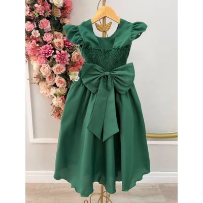 Vestido Infantil Longo Verde Esmeralda Busto Nervura Daminhas Luxo