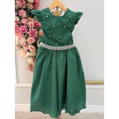 Vestido Infantil Longo Verde Esmeralda Busto Nervura Daminhas Luxo